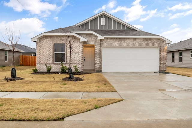 view of front of property with brick siding, concrete driveway, an attached garage, fence, and a front lawn