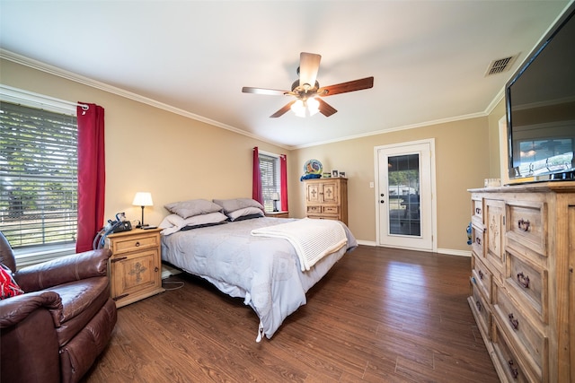 bedroom with ceiling fan, dark hardwood / wood-style flooring, access to exterior, and ornamental molding