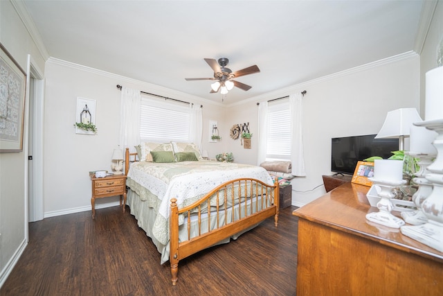 bedroom featuring crown molding, dark wood-type flooring, and ceiling fan