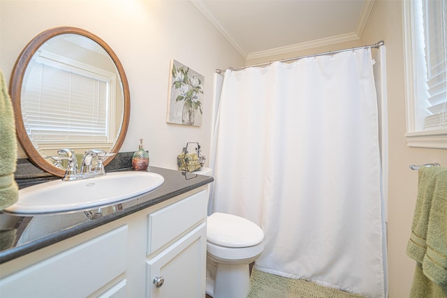 bathroom featuring toilet, vanity, and crown molding