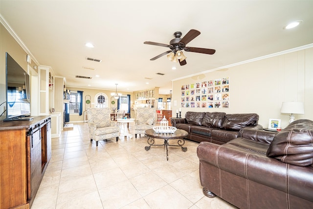 tiled living room with crown molding and ceiling fan with notable chandelier