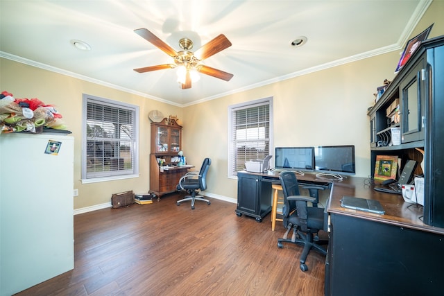 office with dark wood-type flooring, crown molding, and ceiling fan