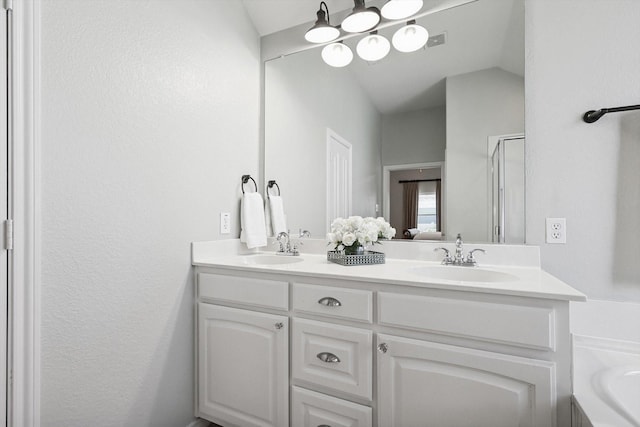 bathroom featuring vanity and independent shower and bath