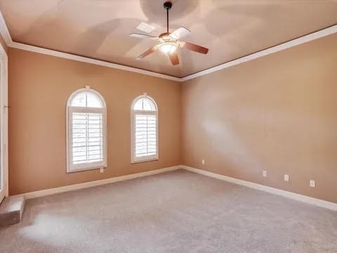 empty room featuring baseboards, carpet, ornamental molding, and a ceiling fan