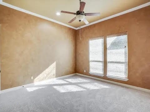 carpeted spare room with baseboards, ornamental molding, and ceiling fan