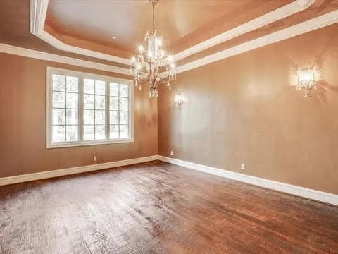 spare room with a raised ceiling, crown molding, baseboards, and wood finished floors