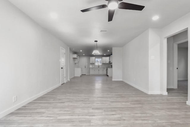 unfurnished living room with light hardwood / wood-style flooring and ceiling fan