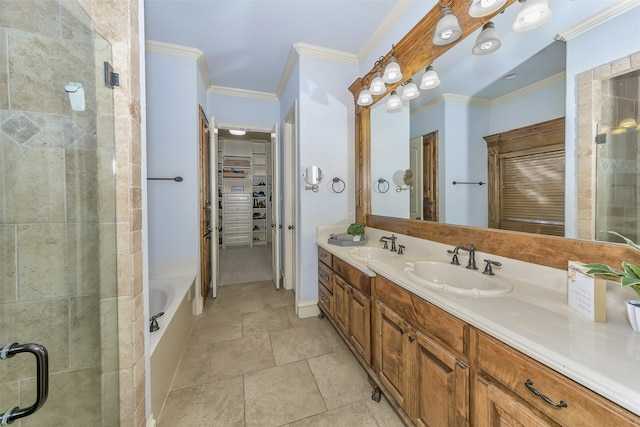 bathroom with ornamental molding, separate shower and tub, and vanity