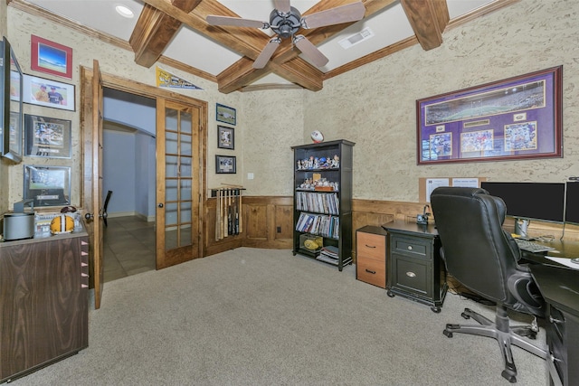 home office with coffered ceiling, ornamental molding, light colored carpet, and beam ceiling