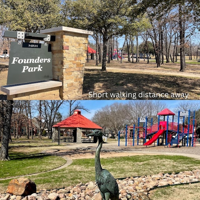 exterior space with a playground and a gazebo