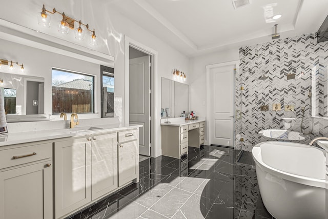 bathroom featuring tile walls, vanity, a raised ceiling, and a bathtub