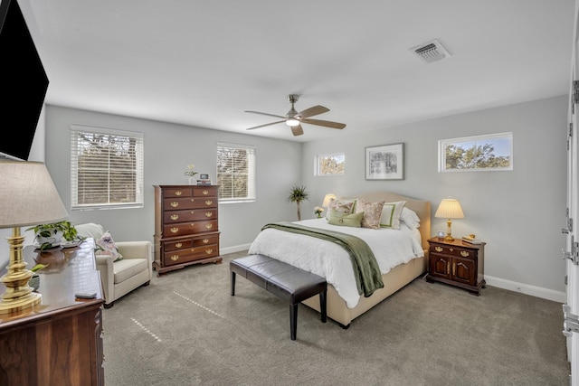 carpeted bedroom featuring ceiling fan