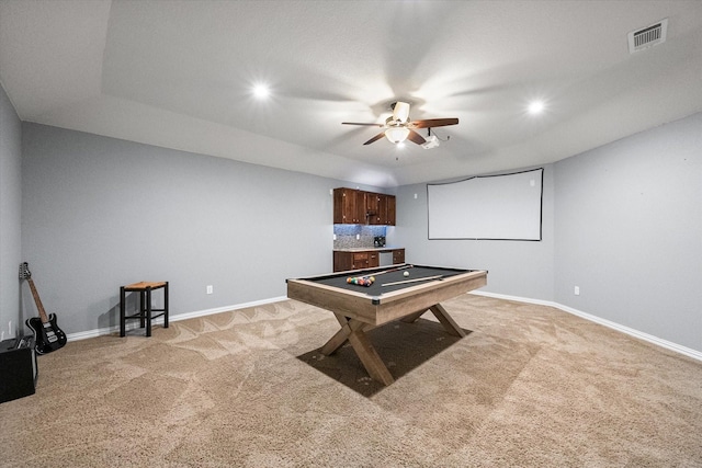 playroom with ceiling fan, billiards, and light colored carpet