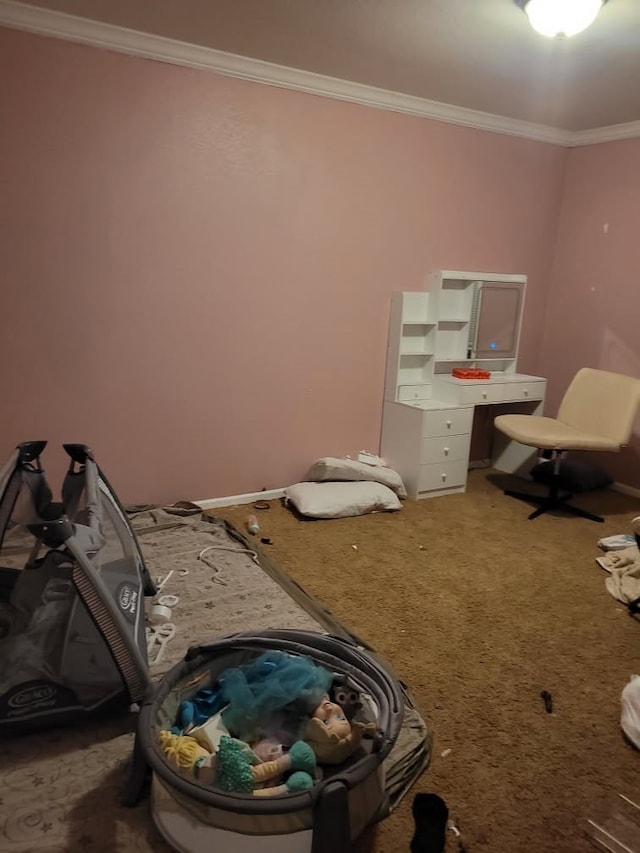 carpeted bedroom featuring crown molding