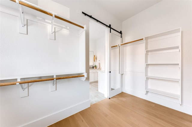 spacious closet featuring light wood finished floors and a barn door