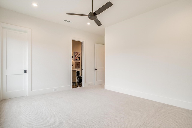 unfurnished bedroom featuring carpet floors, recessed lighting, visible vents, a ceiling fan, and baseboards