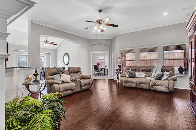 living room featuring ornamental molding, ceiling fan, and dark hardwood / wood-style floors