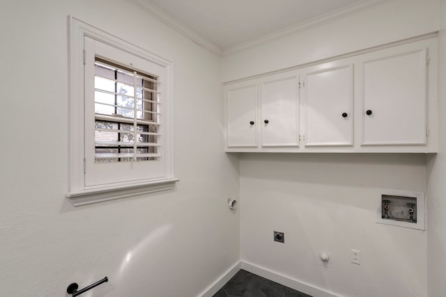 laundry room featuring hookup for a washing machine, hookup for a gas dryer, ornamental molding, cabinet space, and electric dryer hookup