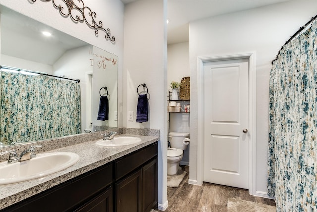 bathroom featuring hardwood / wood-style flooring, vanity, and toilet