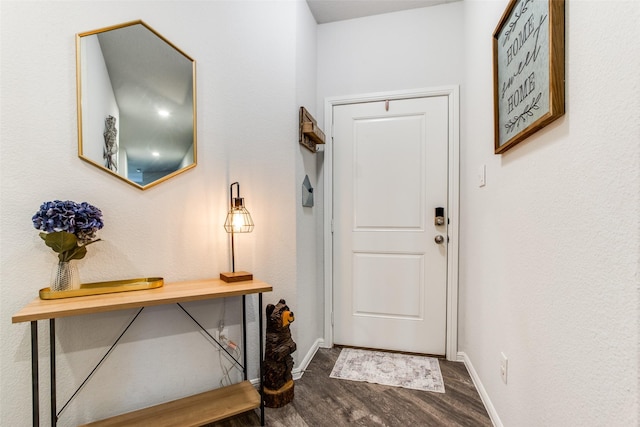 doorway with dark wood-type flooring