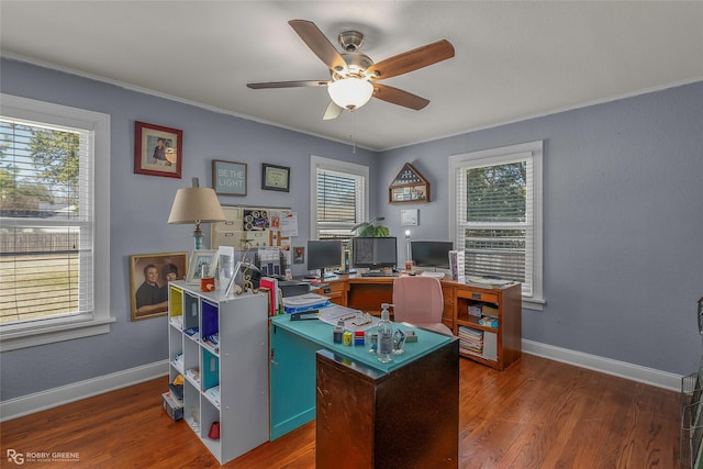 office space with crown molding, wood finished floors, baseboards, and ceiling fan