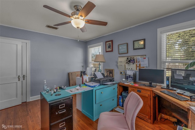 office featuring wood finished floors, crown molding, a ceiling fan, and visible vents