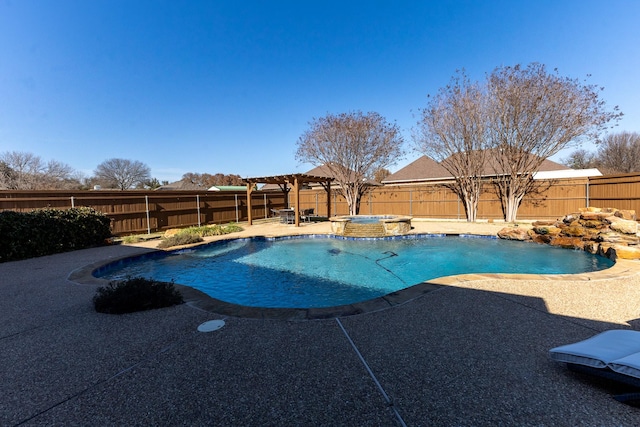 view of pool featuring a patio, a pergola, and an in ground hot tub