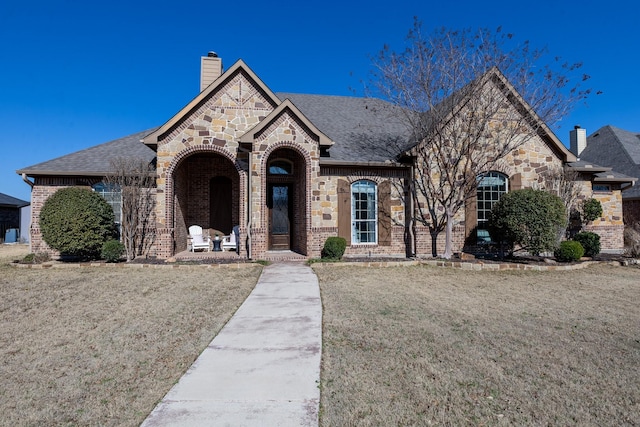 french provincial home featuring a front lawn