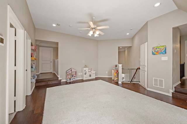 game room with dark wood-style floors, visible vents, and recessed lighting