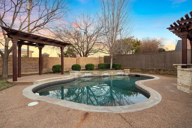 pool at dusk with a fenced backyard, a fenced in pool, and a patio