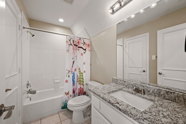 full bathroom with toilet, shower / tub combo, tile patterned flooring, and vanity