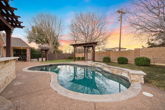 pool at dusk with a fenced in pool, a fenced backyard, a patio, and a gazebo