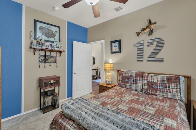 carpeted bedroom featuring ceiling fan