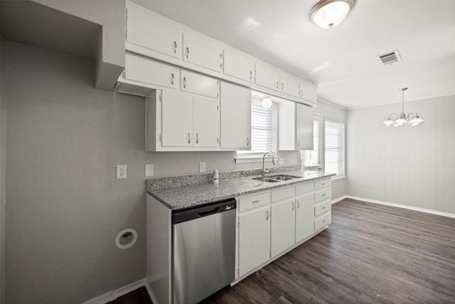 kitchen featuring sink, dishwasher, decorative light fixtures, and white cabinets