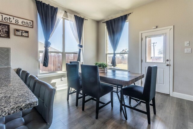 dining area with dark wood-style floors and baseboards