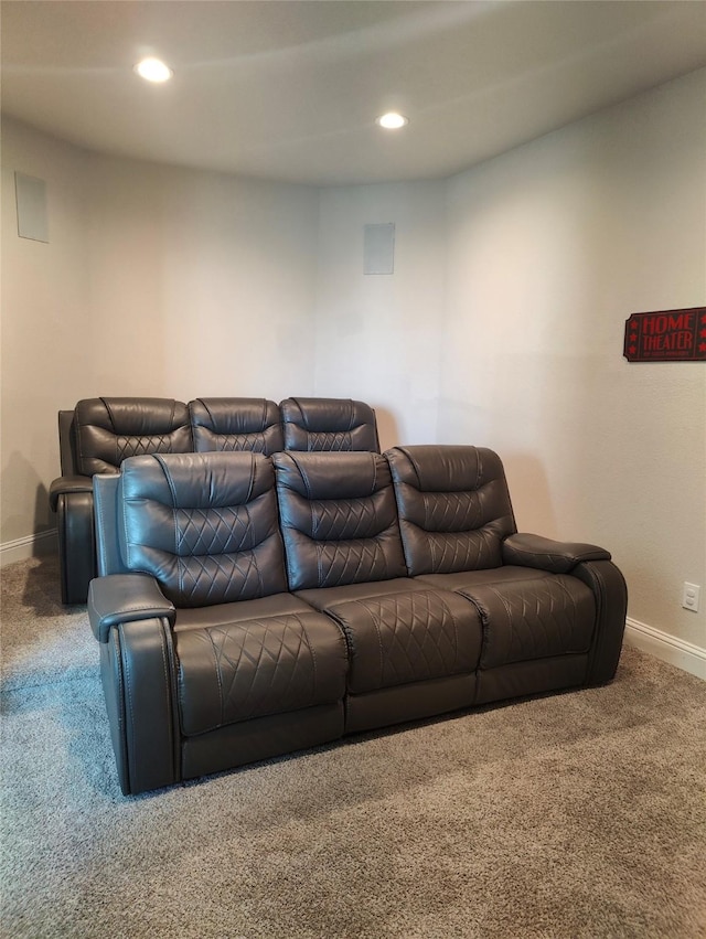 carpeted home theater featuring recessed lighting and baseboards