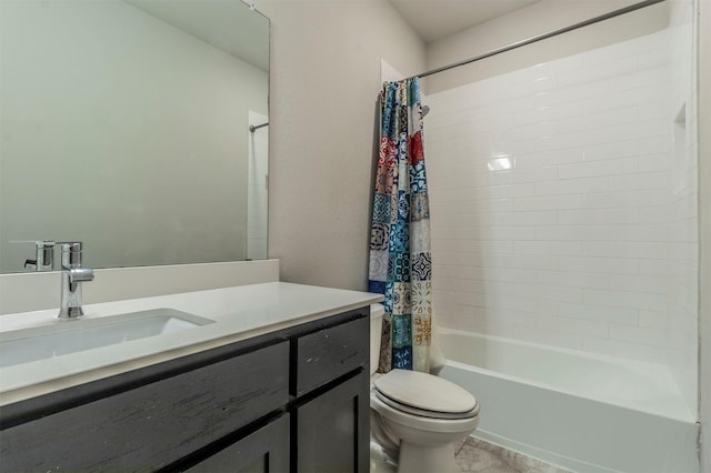 full bath featuring vanity, shower / bath combination with curtain, and toilet