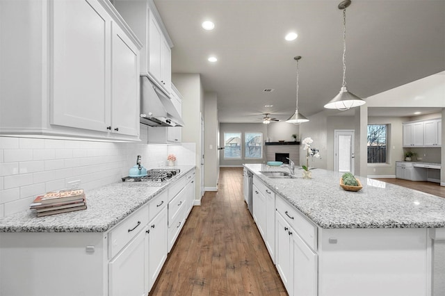 kitchen with dark wood-type flooring, under cabinet range hood, open floor plan, white cabinetry, and stainless steel appliances