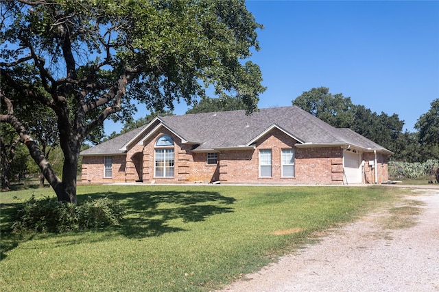 4201 E Bankhead Hwy, Hudson Oaks, TX 76087 - ranch-style house featuring dirt driveway, brick siding, a garage, a front lawn, and a shingled roof