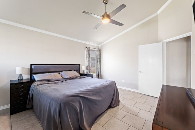 bedroom with ornamental molding, vaulted ceiling, ceiling fan, and light tile patterned floors