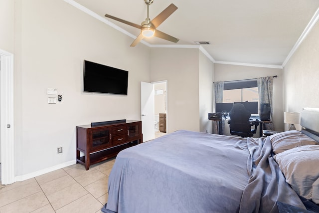 tiled bedroom featuring lofted ceiling, crown molding, and ceiling fan