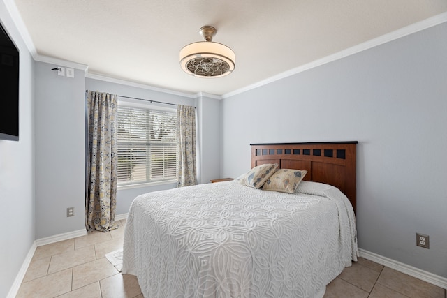 tiled bedroom featuring ceiling fan and crown molding