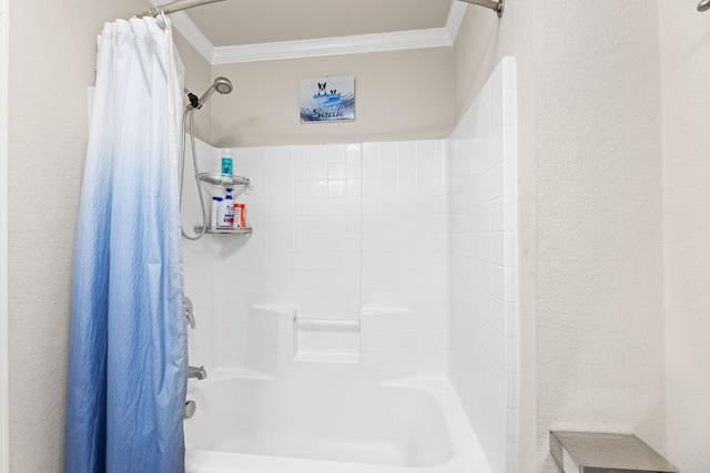 bathroom featuring shower / tub combo and crown molding