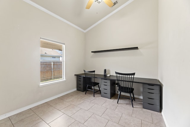 tiled home office with ceiling fan, vaulted ceiling, and crown molding