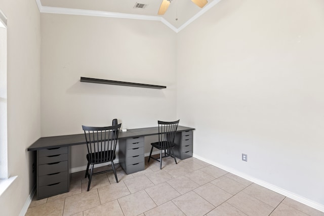 tiled home office featuring lofted ceiling, crown molding, and ceiling fan