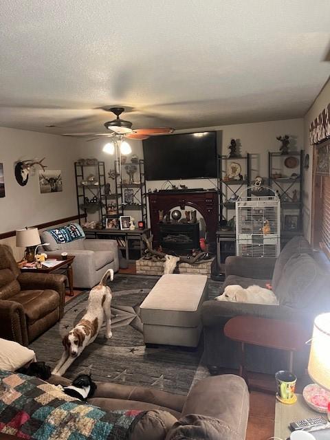 living room featuring ceiling fan and a textured ceiling