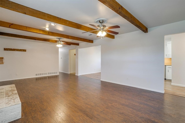 unfurnished living room with ceiling fan, visible vents, baseboards, dark wood-style floors, and beamed ceiling