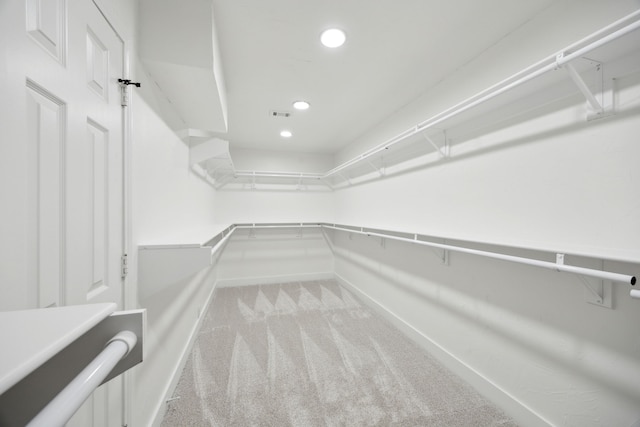 spacious closet featuring light colored carpet