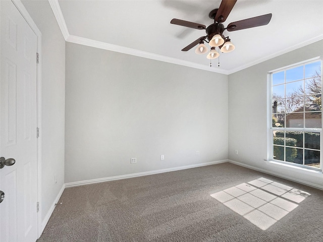 carpeted spare room featuring crown molding and ceiling fan