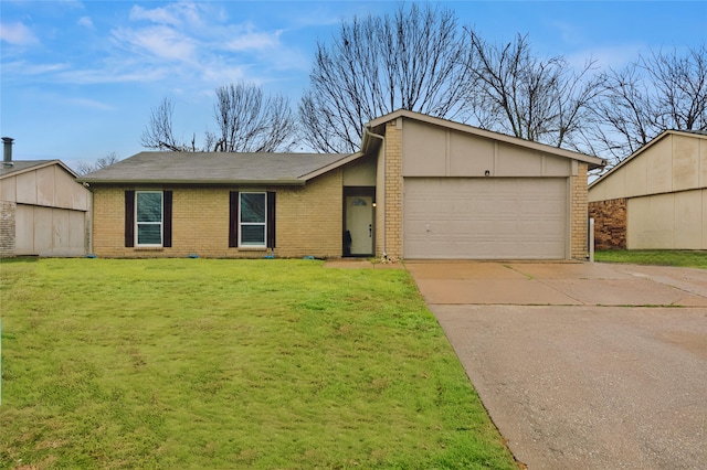 mid-century inspired home with a garage, a front lawn, concrete driveway, and brick siding